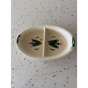 CLAY DESIGN VINTAGE 90s  Pottery Divided Serving Dish Hand Painted Irises USA